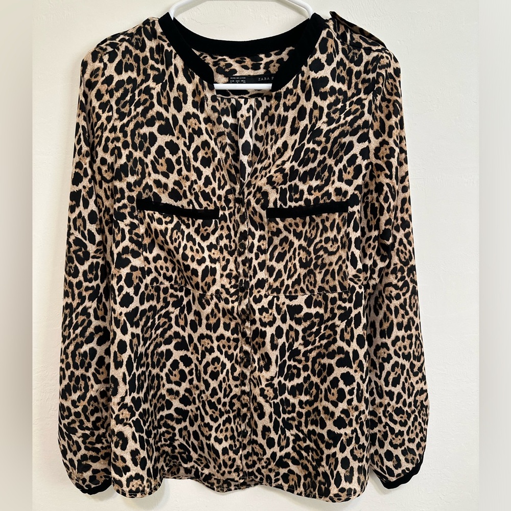 Zara Leopard Print Long Sleeve Button-Down Blouse, Size S